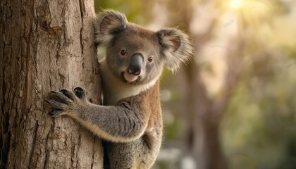 Fototapeta premium A lovable koala firmly grabs a tree trunk in a lush, soft-lit forest setting, exemplifying the innocence and natural beauty of wildlife thriving in its native habitat.