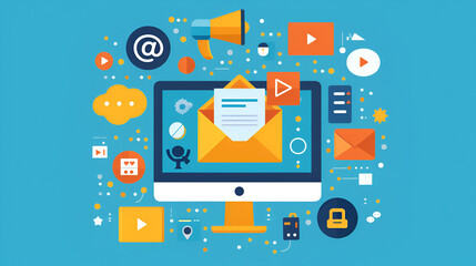 A digital representation of a computer monitor displaying an open envelope with a piece of paper inside. Surrounding the monitor are various icons, including a megaphone, a chat bubble, a cloud