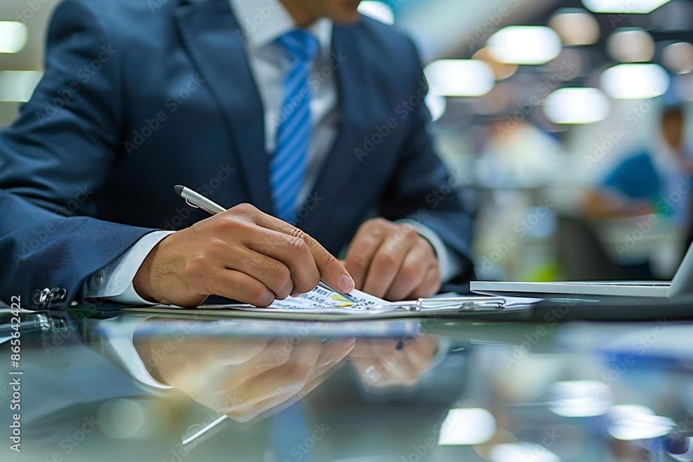Poster close-up shot of an accountant meticulously calculating a receipt in a busy office setting.