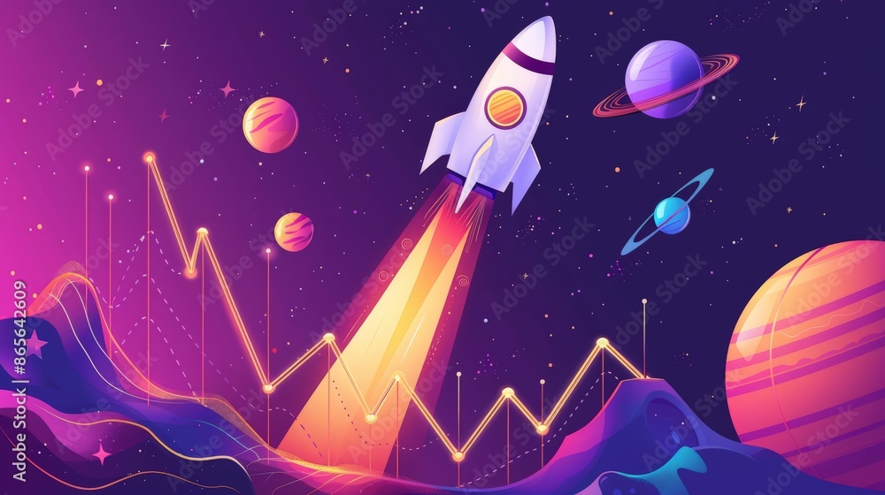 Poster rocket launching with neon lines depicting financial growth and planets in the background. concept o