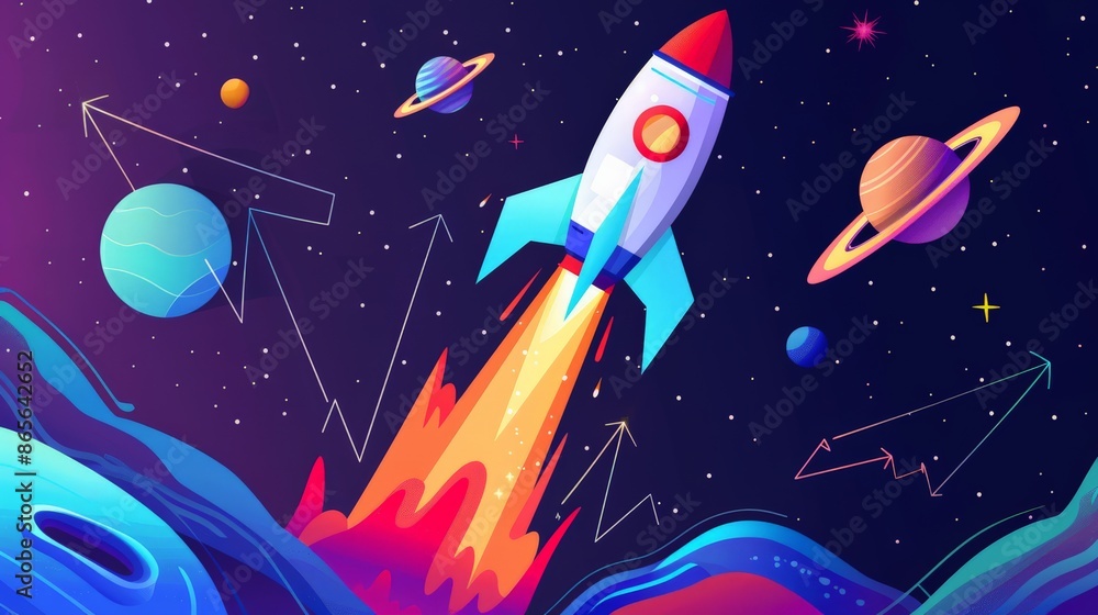 Aufkleber rocket launching towards planets and stars with arrows indicating growth. concept of business innova