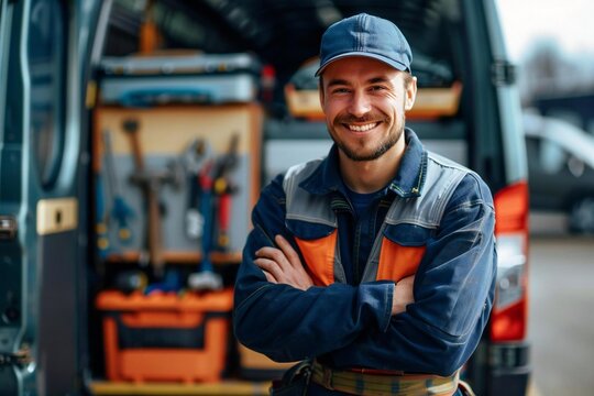 photo of a happy male worker standing in front of a van with his work tools and toolbox, ready for a day of plumbing and repair services. - Powered by Adobe