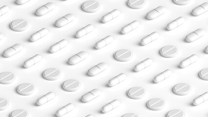Many white capsules, tablets and pills on white background, tablet grid. Drug, tablet, pills top flat view. 3d render illustration