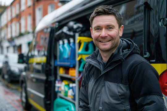 portrait of a smiling male cleaner standing in front of his van filled with cleaning equipment, representing his business as a professional and handyman in the cleaning industry.