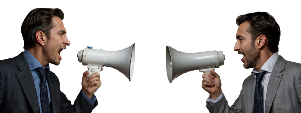 Two businessmen in formal attire are loudly speaking through megaphones