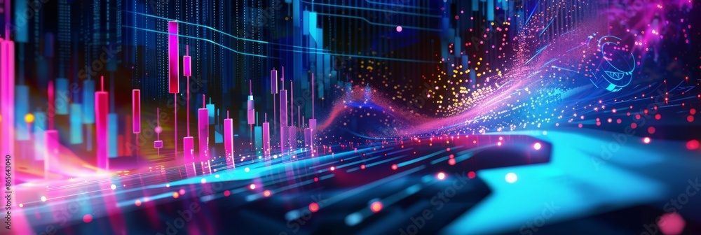 Poster Futuristic data visualization with neon lights and financial bar graphs. Bright and dynamic background for business analytics and market research. Ideal for financial reports and presentations