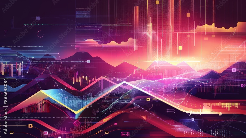 Aufkleber abstract financial landscape with mountains and fluctuating graphs at sunrise. artistic representati