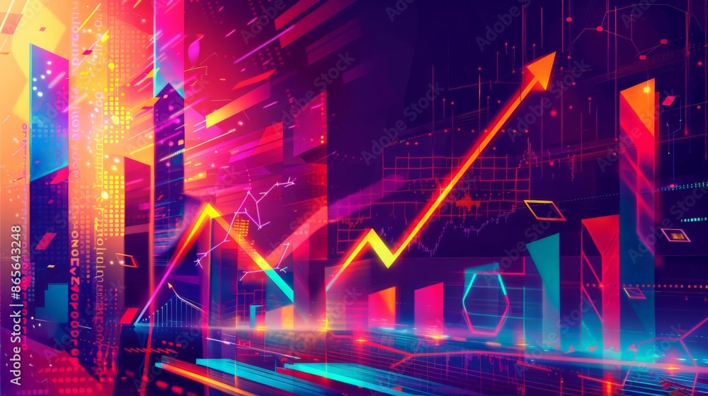 Poster bright and vibrant financial graphs with upward trends and digital data. colorful representation of 