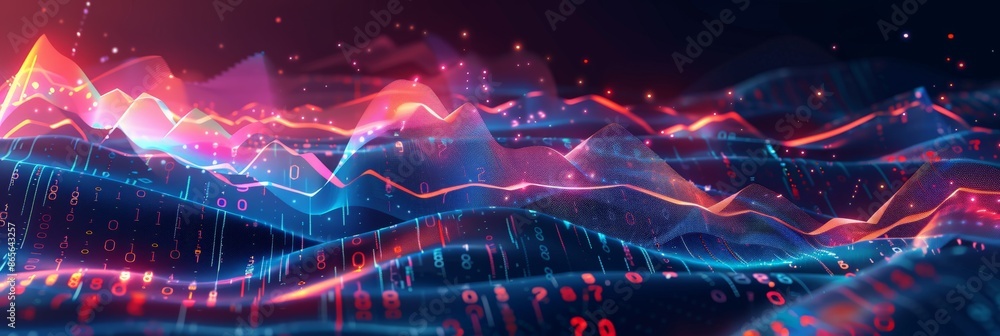 Poster Abstract financial landscape with data points and glowing graphs in digital space. Artistic visualization of business trends and analytics. Ideal for financial presentations and reports