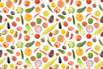 Big beautiful seamless pattern fresh fruits and vegetables isolated on white