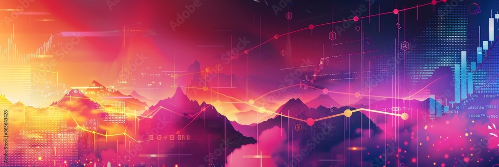 Poster Futuristic digital landscape with financial data points and glowing charts. Bright and dynamic background for business analytics and economic trends. Ideal for financial presentations and reports