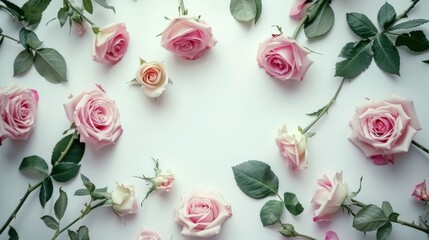 Pale pink roses on white background with copy space Top view holiday theme