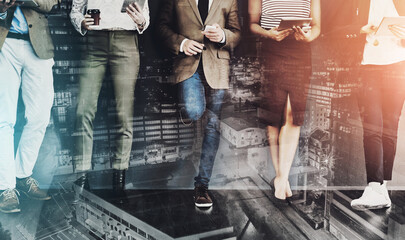 Technology, double exposure and team standing in office for research, communication and social...