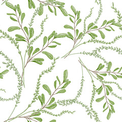 Botanical seamless pattern in pastel tone with leaves. Thin green stems with leaves watercolor background isolated. Plants arrangements hand drawn ornament print. Design for textile, package, paper