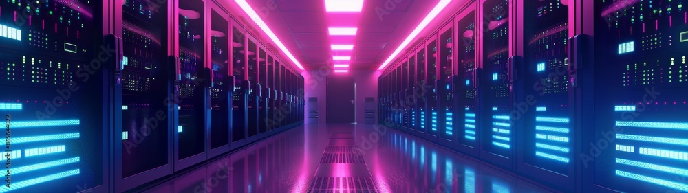 Poster modern data center with illuminated server racks and neon lights