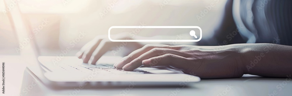 Poster hands typing on a keyboard with a search engine interface overlay, symbolizing technology and intern