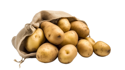 Rustic sack of fresh brown potatoes isolated on transparent background.


