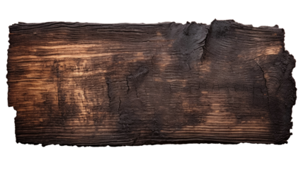 A black and burnt piece of wood with a burnt isolated on transparent background.