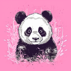 A cute panda bear is sitting in a pink background