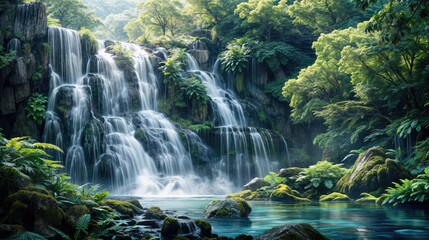 Scenic view of a waterfall in rainforest. AI generated.