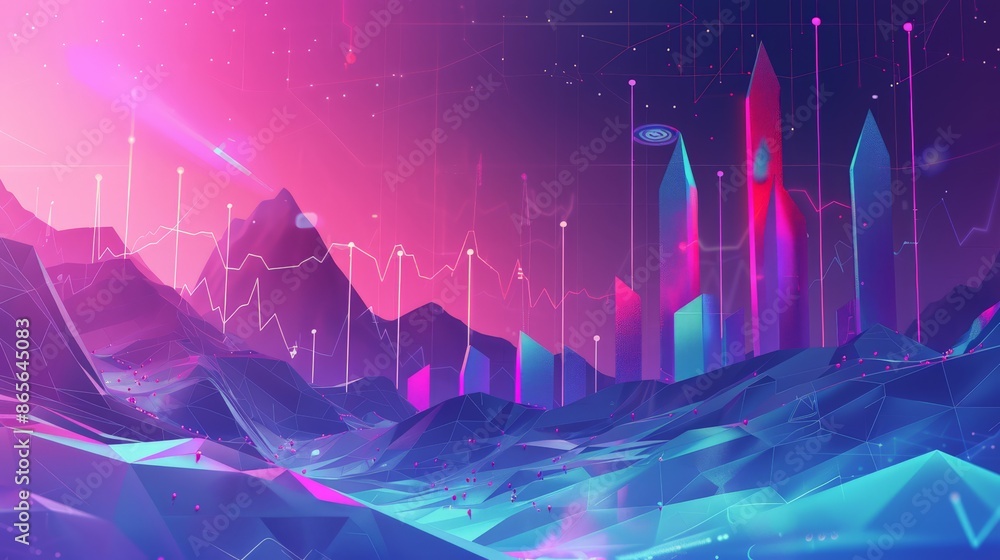 Poster abstract data landscape with neon mountains and digital graphs illustrating financial growth. perfec