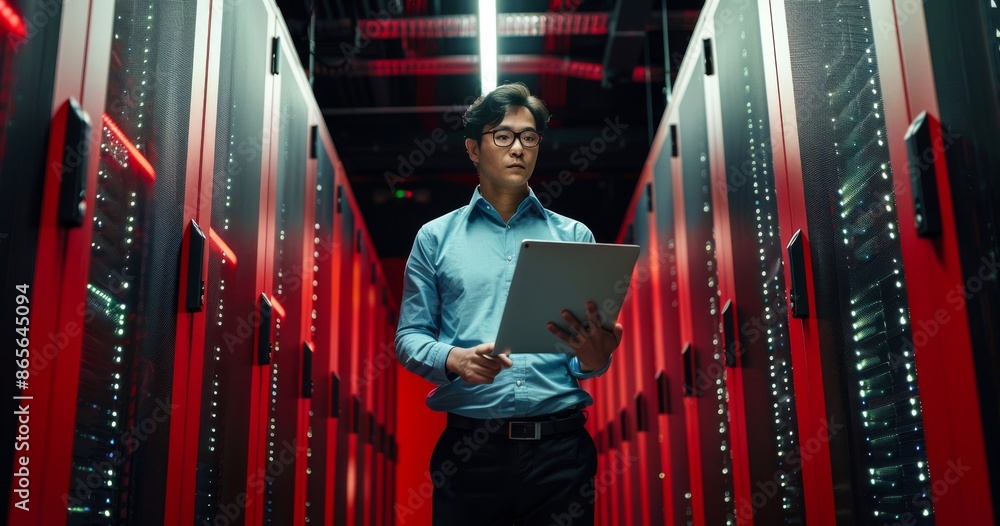 Poster data center worker inspecting server racks with a tablet in hand