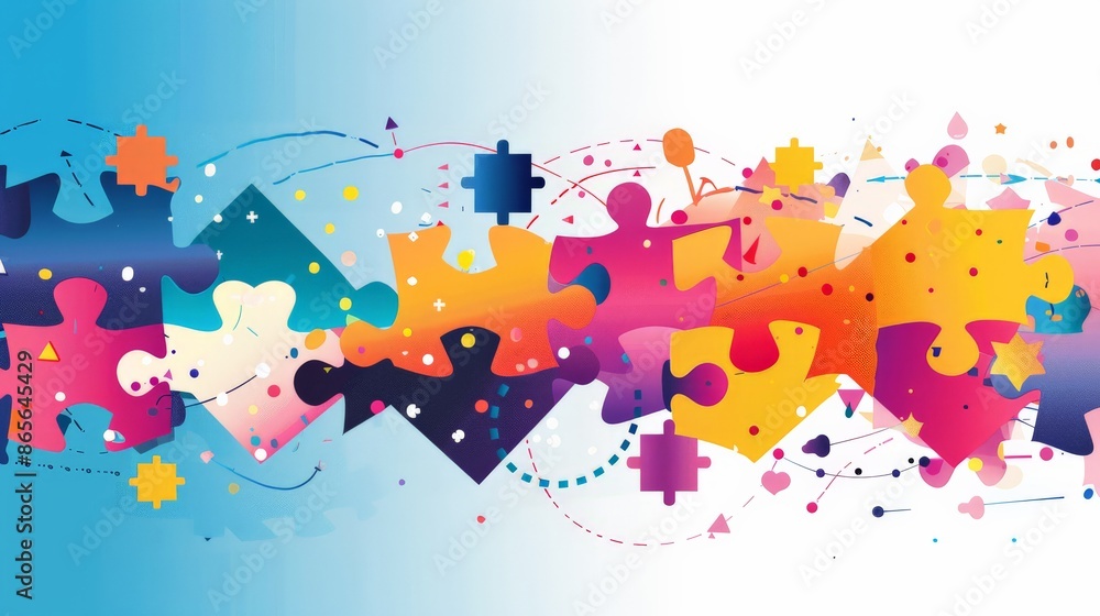 Aufkleber dynamic puzzle pieces with vibrant colors and charts representing business analysis and strategy. id