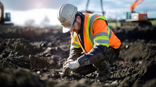 A geotechnical engineer kneels on a construction site, examining soil samples with focused precision. Wearing a reflective safety vest and a helmet, he meticulously analyzes the ground