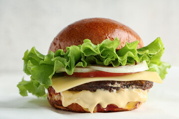 Tasty burger on white background, closeup