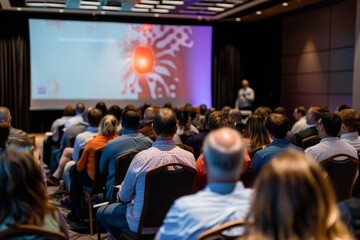 Conference audience blurred presentation screen, business meeting concept