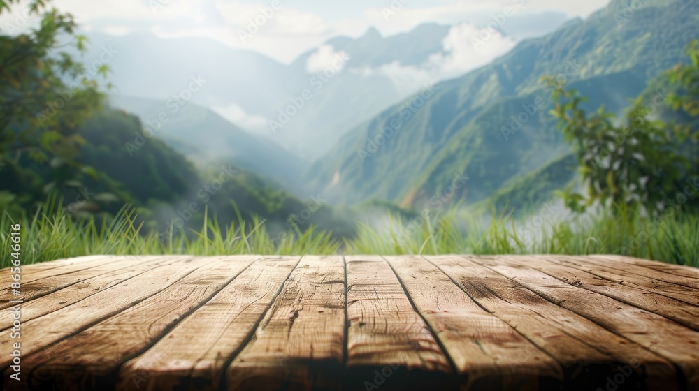 Aufkleber wooden table top with blurred mountain and grass background depicting a fresh and relaxing concept f