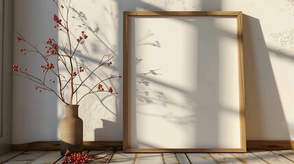 An empty wooden frame mockup leaning against the wall in interior design with a vase with flowers.