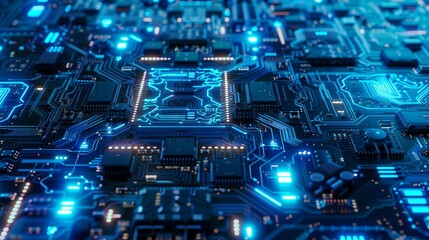 Fototapeta premium Circuit board with blue lights glows, creating a complex and futuristic pattern. Ideal for tech themes or digital presentations.