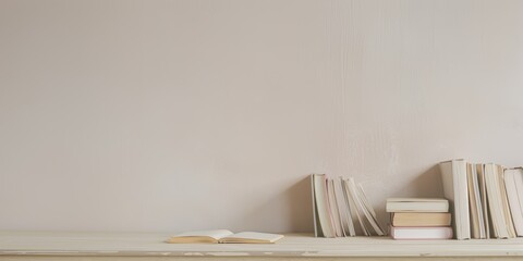 Minimalist composition with several books on a table made of light colored wood