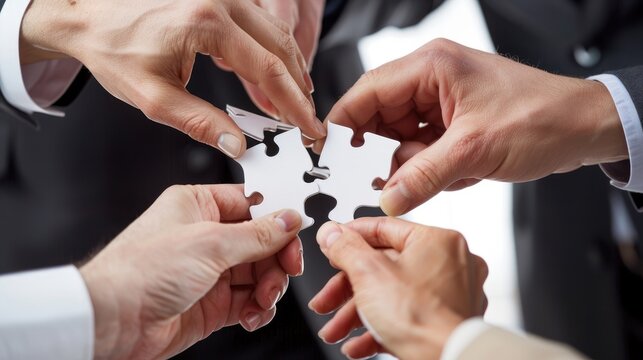 The image shows a group of people of different races and ethnicities putting together a puzzle. The puzzle is almost complete, with only one piece left. The people are working together to find the