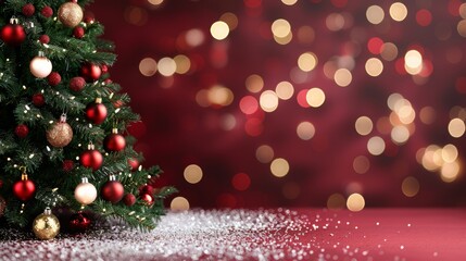 Beautiful Christmas tree with twinkling lights, red canvas backdrop filled with bokeh sparkles, designed for a Merry Christmas card. Winter holiday spirit, Happy New Year. Text space available