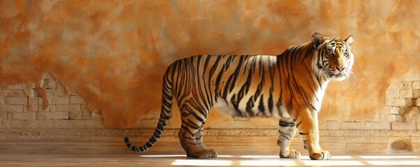 Fototapeta premium A tiger stands imposingly in a sunlit room with warm hues, radiating a sense of dominance and presence