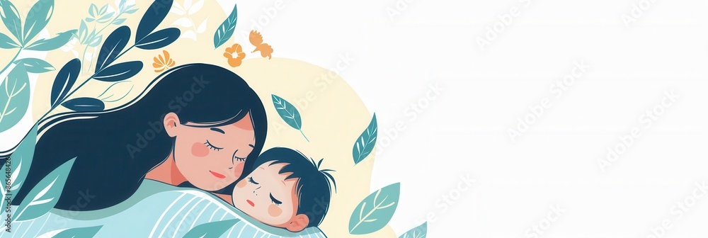 Poster a mother gently cradles her sleeping child, surrounded by soft foliage and a calming atmosphere. thi