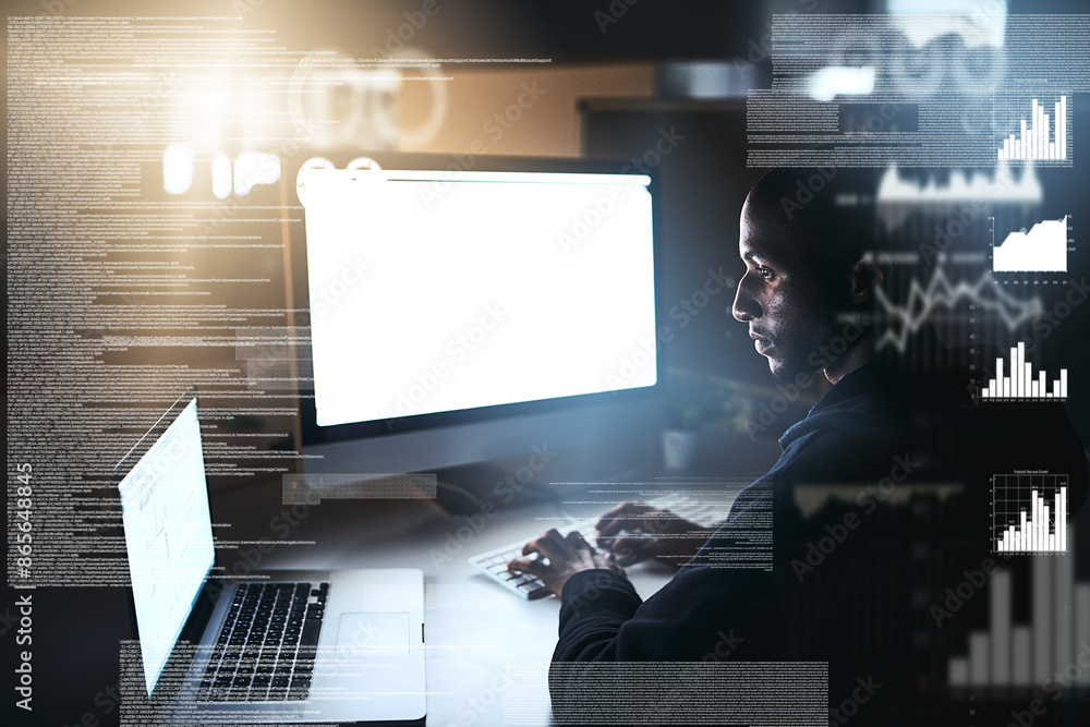 Poster black man, overlay and computer screen with cybersecurity on fraud or cloning for mockup, informatio
