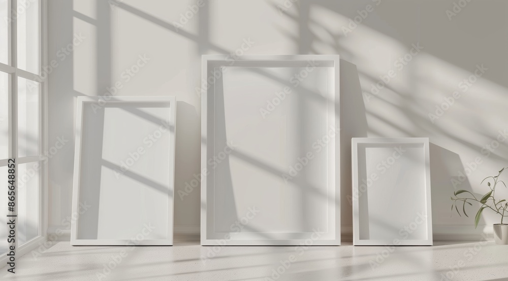 Poster front view of three white minimalistic picture frames on a light background.