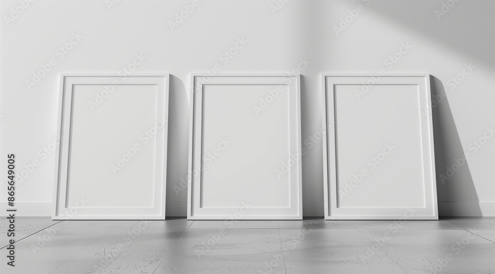Poster front view of three white minimalistic picture frames on a light background.