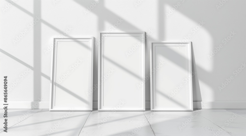 Poster front view of three white minimalistic picture frames on a light background.