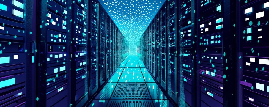 Futuristic data center with glowing servers and abstract digital elements