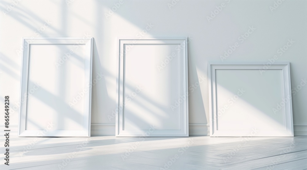 Poster front view of three white minimalistic picture frames on a light background.