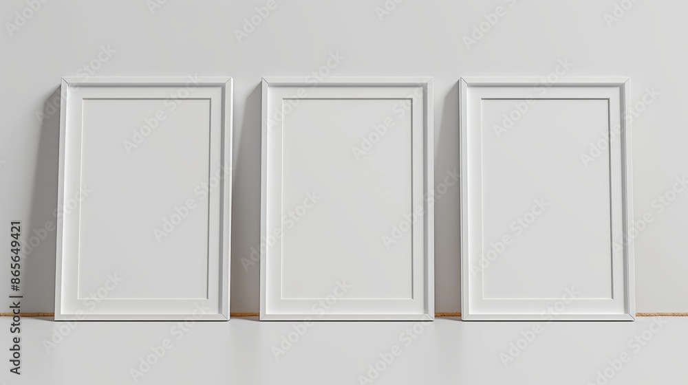 Poster front view of three white minimalistic picture frames on a light background.
