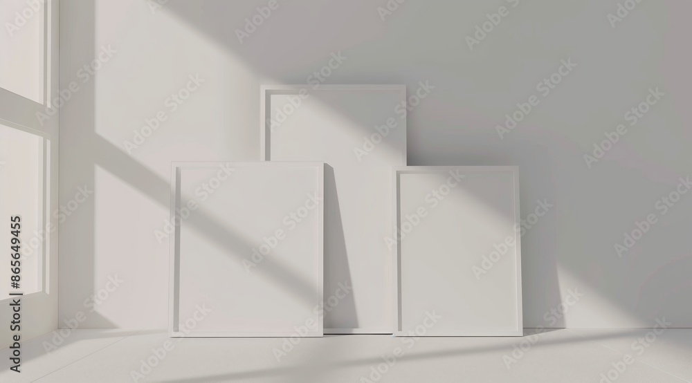 Poster front view of three white minimalistic picture frames on a light background.
