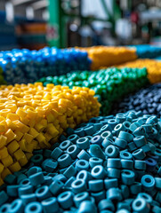 Obraz premium Colorful plastic rings in an organized factory production environment.