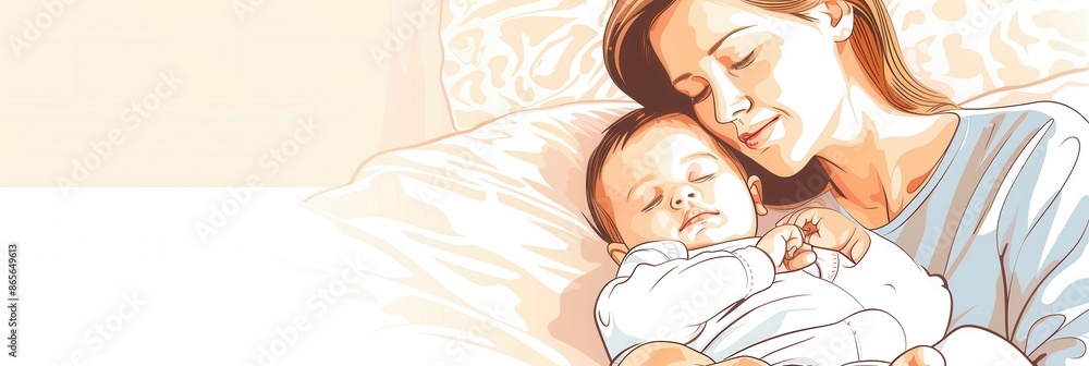 Aufkleber a mother lovingly cradles her sleeping baby, creating a serene and peaceful scene perfect for promot