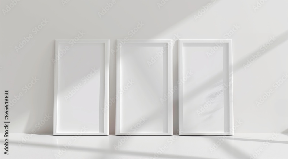 Poster front view of three white minimalistic picture frames on a light background.
