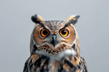 Fototapeta premium A highly detailed image of a majestic owl with vibrant and striking patterns on its feathers, showcasing its piercing eyes and powerful presence in a natural setting.
